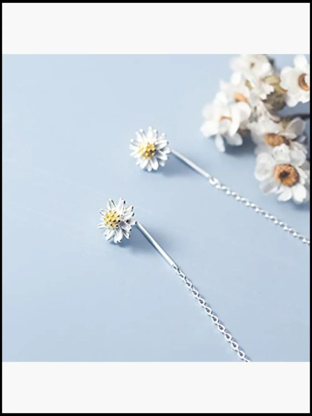 925 Sterling Silver Daisy Flower Earrings Dangle Chain Threader Tassel